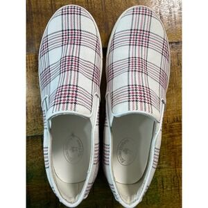 Brooks Brothers Red Fleece woMens Plaid Canvas Slip On Sneakers White Red Navy 9